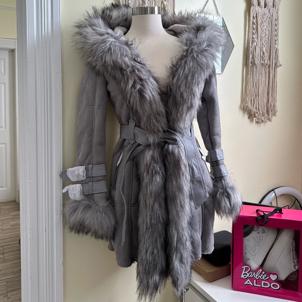 Gray faux fur coat